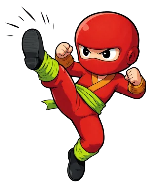 Red ninja kid performing a flying kick
